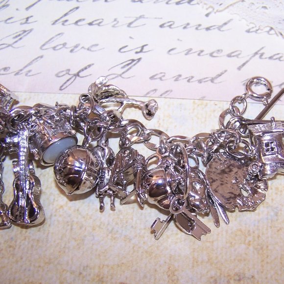 Single Link Sterling Silver Charm Bracelet Loaded with 42 Different Charms - Picture 9 of 9
